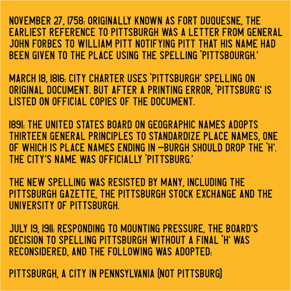 PITTSBURGH WITH THE ‘H’ T-Shirt:  WHITE PRINTING